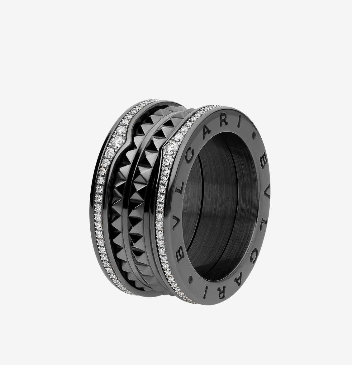 [⭐Glow]ZERO 1 ROCK FOUR-BAND BLACK CERAMIC WITH STUDDED SPIRAL AND PAVED DIAMONDS RING