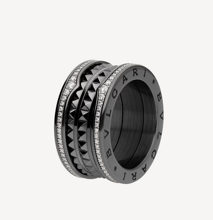 [⭐Glow]ZERO 1 ROCK FOUR-BAND BLACK CERAMIC WITH STUDDED SPIRAL AND PAVED DIAMONDS RING