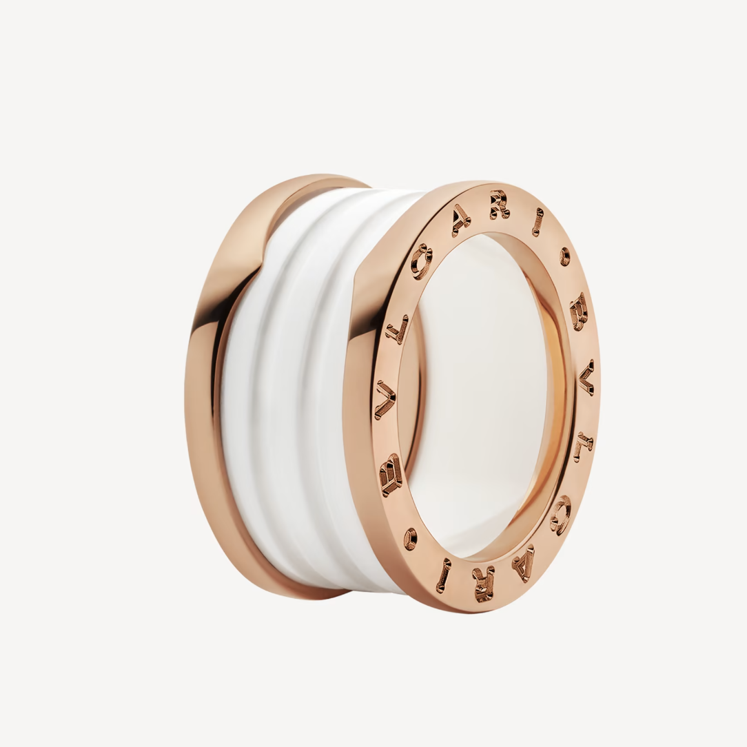 [⭐Glow]ZERO 1 FOUR-BAND LOOPS AND WHITE CERAMIC SPIRAL PINK GOLD RING
