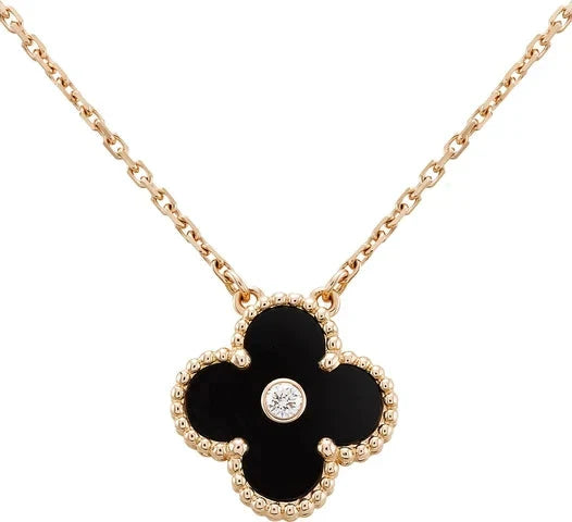 [⭐Glow]CLOVER 15MM DIAMOND ONYX NECKLACE