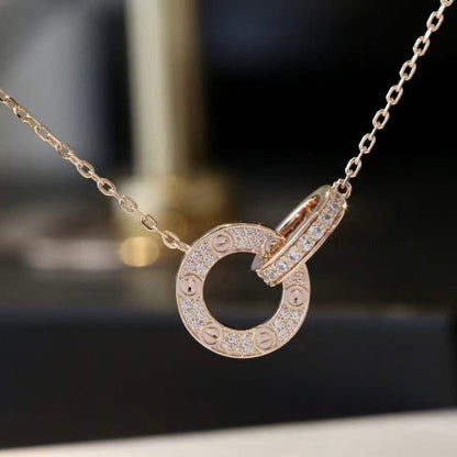 [⭐Glow]LOVE 7.6MM NECKLACE ROSE GOLD AND SILVER  FULL DIAMOND
