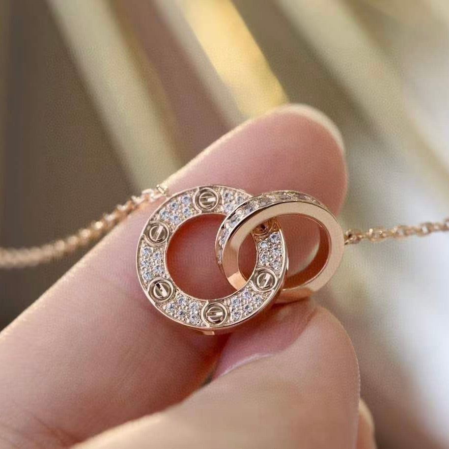 [⭐Glow]LOVE 7.6MM NECKLACE ROSE GOLD AND SILVER  FULL DIAMOND