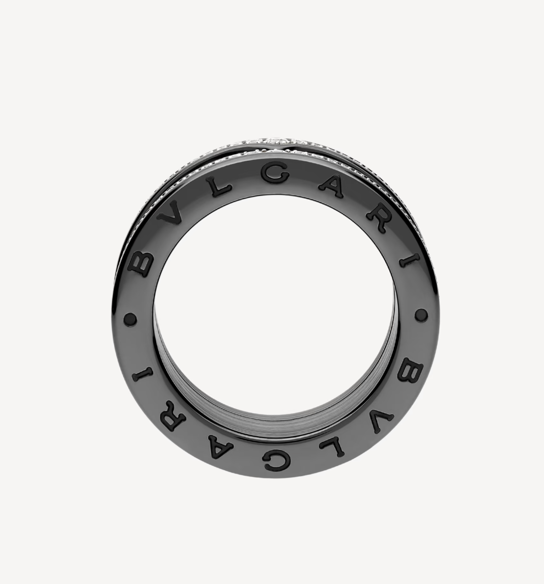 [⭐Glow]ZERO 1 ROCK FOUR-BAND BLACK CERAMIC WITH STUDDED SPIRAL AND PAVED DIAMONDS RING