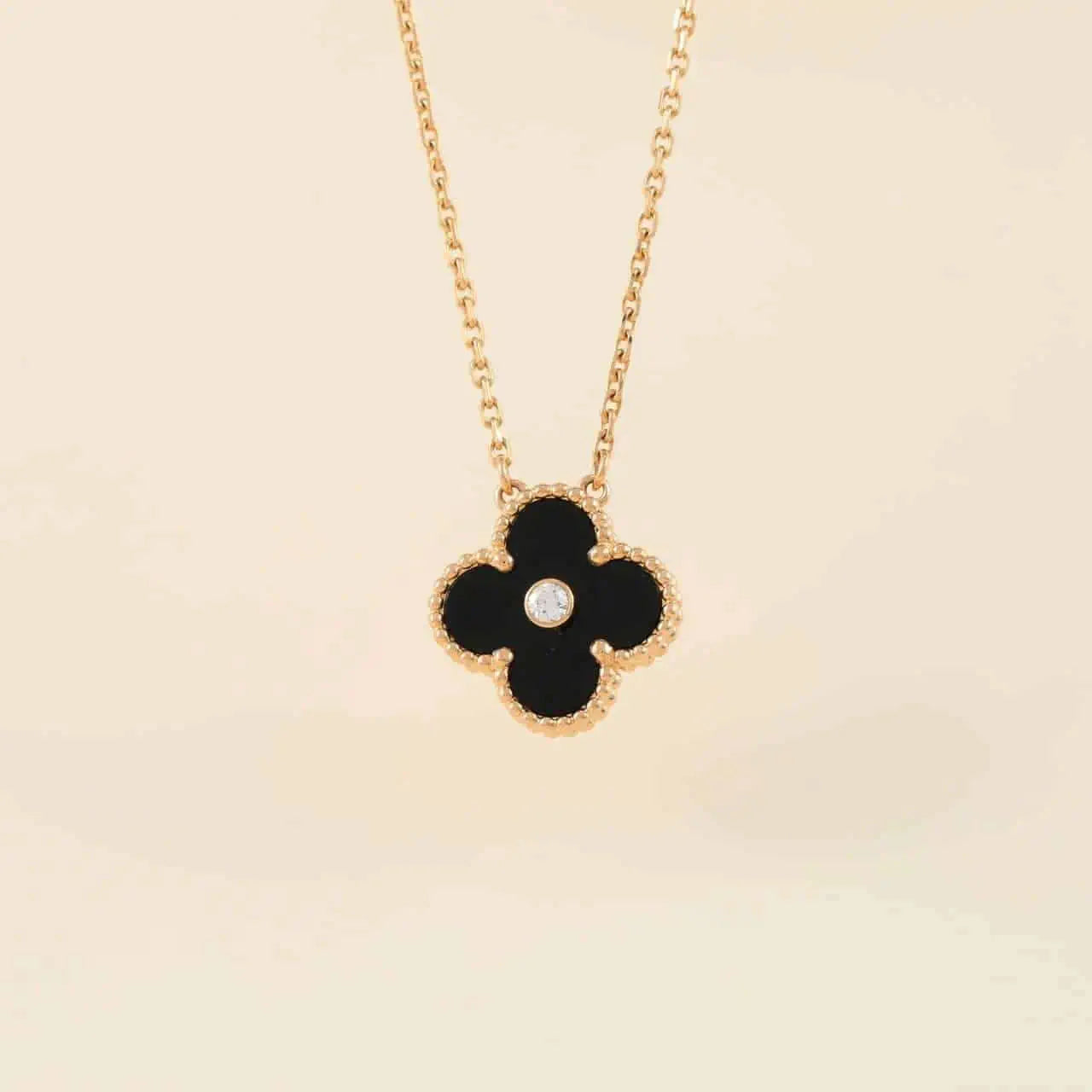 [⭐Glow]CLOVER 15MM DIAMOND ONYX NECKLACE