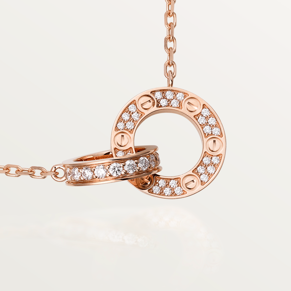 [⭐Glow]LOVE 7.6MM NECKLACE ROSE GOLD AND SILVER  FULL DIAMOND