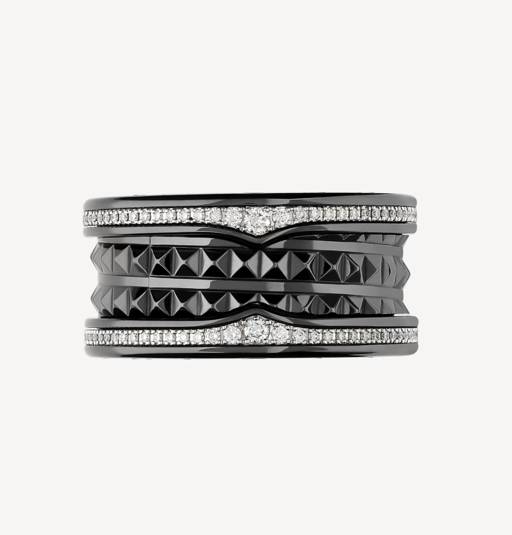 [⭐Glow]ZERO 1 ROCK FOUR-BAND BLACK CERAMIC WITH STUDDED SPIRAL AND PAVED DIAMONDS RING