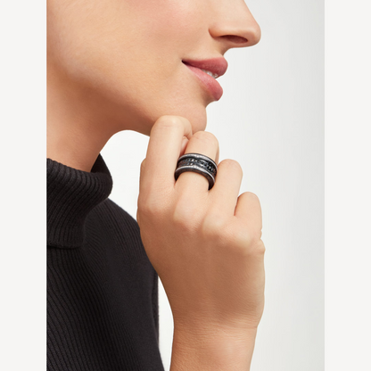[⭐Glow]ZERO 1 ROCK FOUR-BAND BLACK CERAMIC WITH STUDDED SPIRAL AND PAVED DIAMONDS RING