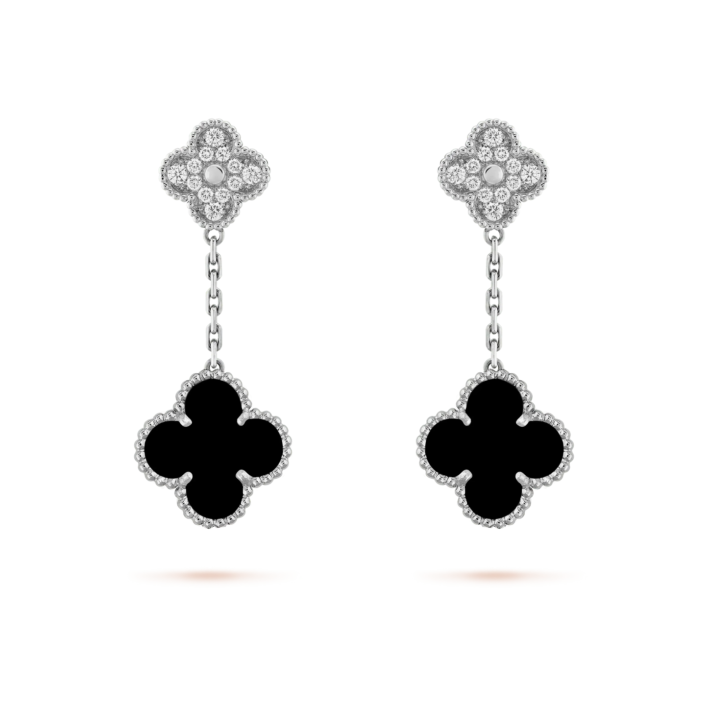 [⭐Glow]CLOVER 2 MOTIFS  DIAMOND ONYX EARRINGS SILVER