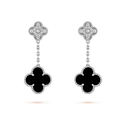 [⭐Glow]CLOVER 2 MOTIFS  DIAMOND ONYX EARRINGS SILVER