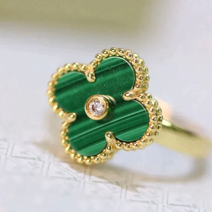[⭐Glow]CLOVER MALACHITE RING GOLD DIAMOND