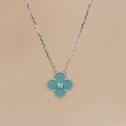 [⭐Glow]CLOVER 15MM DIAMOND SVRES PORCELAIN  NECKLACE SILVER