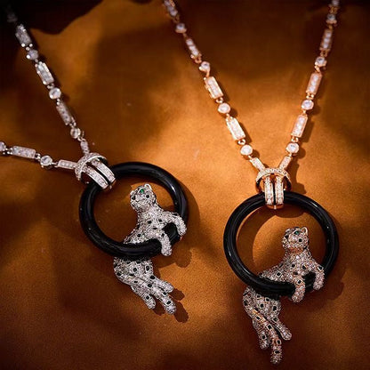 [⭐Glow jewelrys]NEW BLACK CIRCLE PANTHER FULL DIAMOND NECKLACE