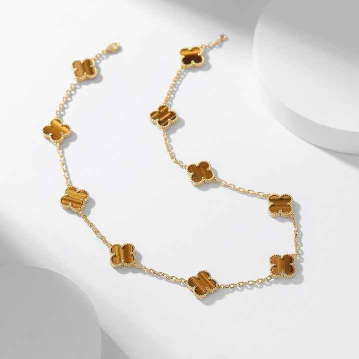 [⭐Glow]CLOVER 10 MOTIFS TIGER EYE NECKLACE