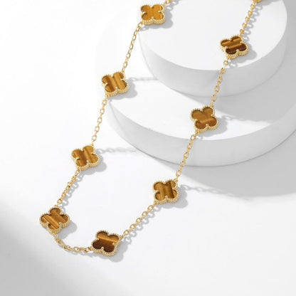 [⭐Glow]CLOVER 10 MOTIFS TIGER EYE NECKLACE