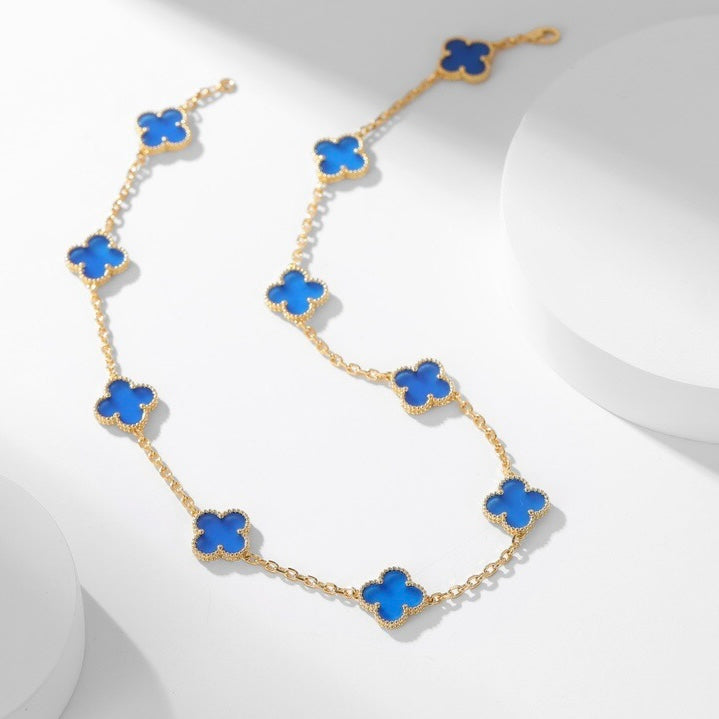 [⭐Glow]CLOVER 10 MOTIFS BLUE AGATE NECKLACE