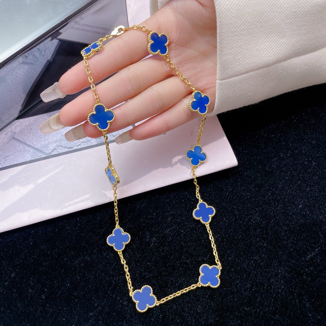 [⭐Glow]CLOVER 10 MOTIFS BLUE AGATE NECKLACE