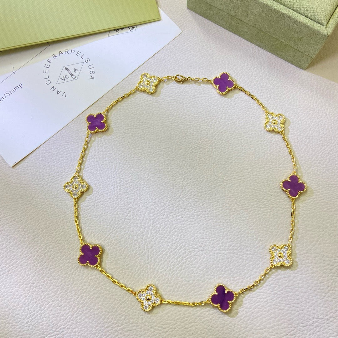 [⭐Glow Jewelry]CLOVER 10 MOTIFS  PURPLE VIOLET DIAMOND NECKLACE