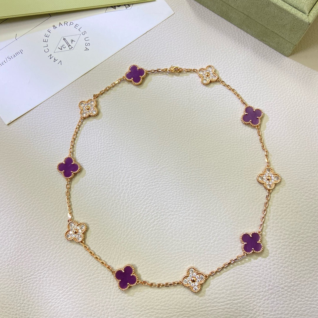 [⭐Glow Jewelry]CLOVER 10 MOTIFS  PURPLE VIOLET DIAMOND NECKLACE