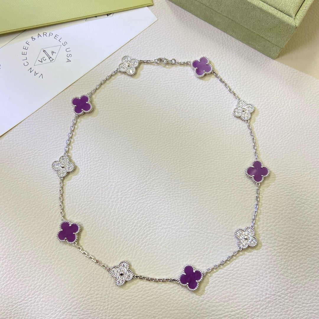 [⭐Glow Jewelry]CLOVER 10 MOTIFS  PURPLE VIOLET DIAMOND NECKLACE