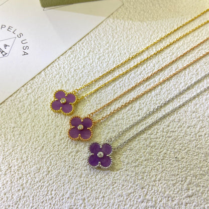 [⭐Glow Jewelry]CLOVER 15MM DIAMOND  PURPLE VIOLET NECKLACE
