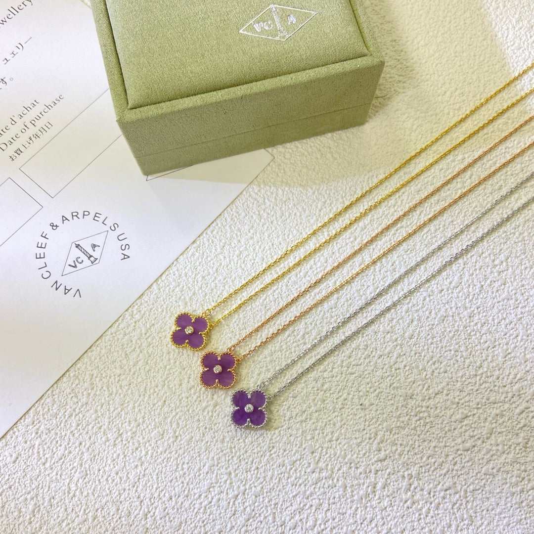 [⭐Glow Jewelry]CLOVER 15MM DIAMOND  PURPLE VIOLET NECKLACE