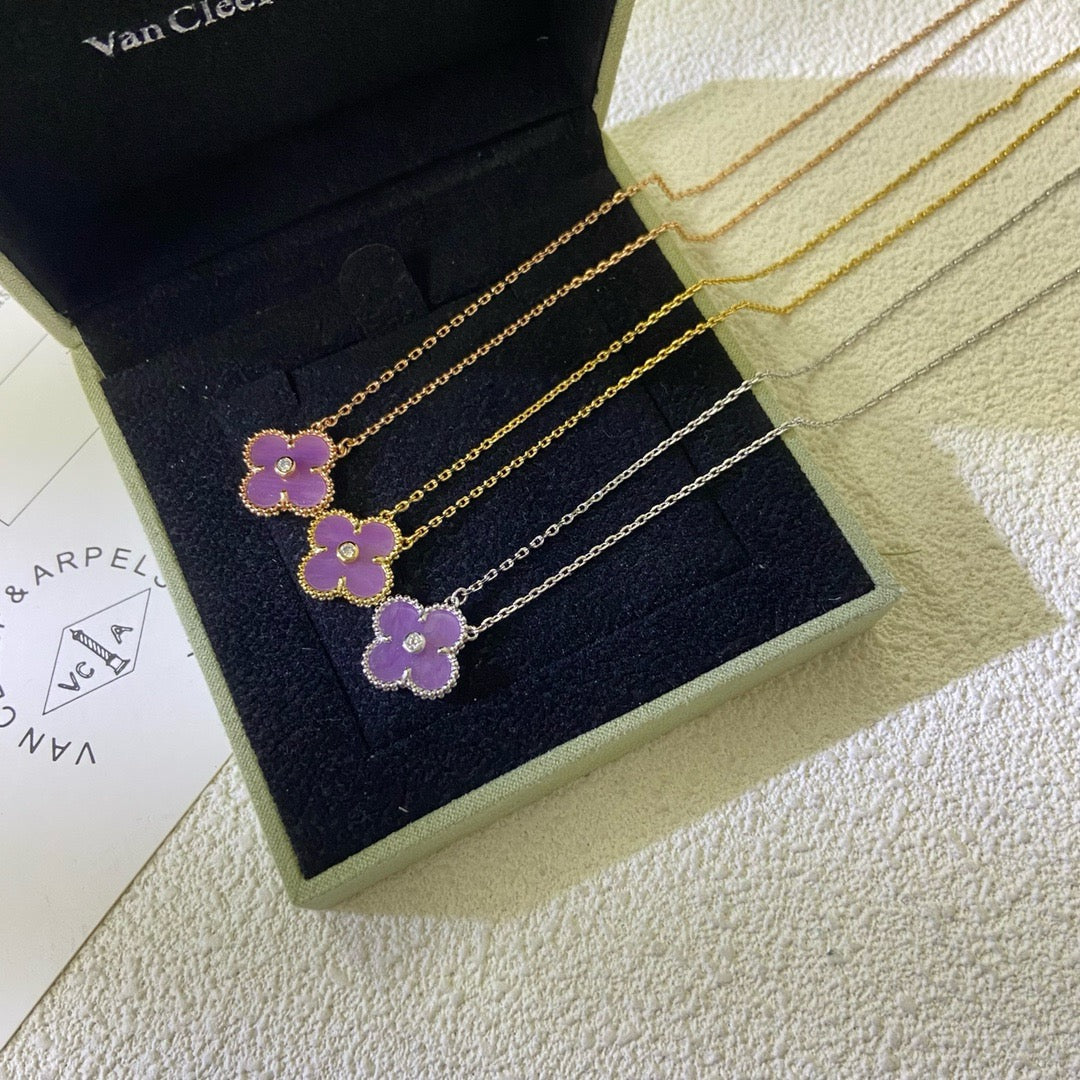 [⭐Glow Jewelry]CLOVER 15MM DIAMOND  PURPLE VIOLET NECKLACE