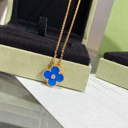 [⭐Glow]CLOVER 15MM DIAMOND AND BLUE AGATE NECKLACE