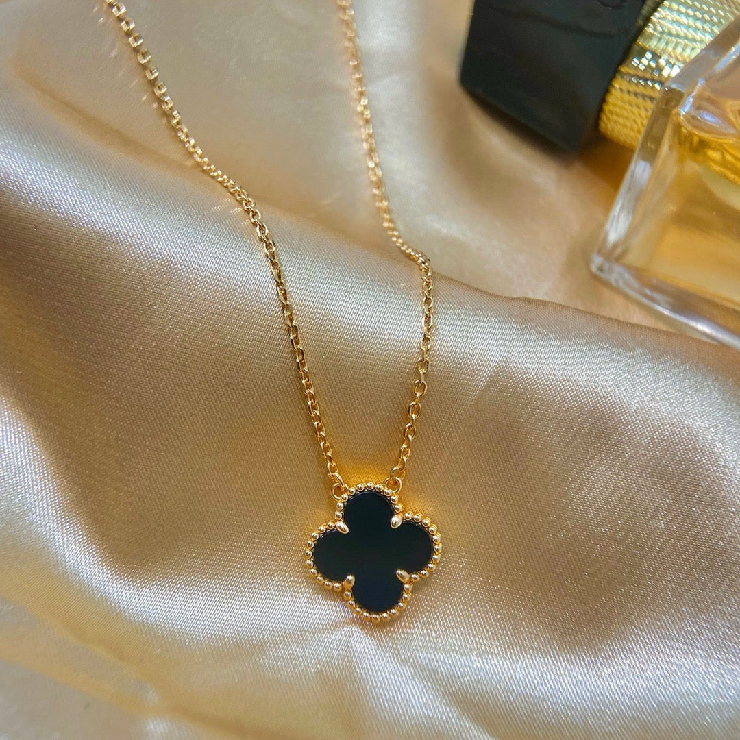 [⭐Glow]CLOVER 15MM BLACK ONYX SINGLE FLOWER NECKLACE