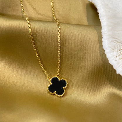 [⭐Glow]CLOVER 15MM BLACK ONYX SINGLE FLOWER NECKLACE