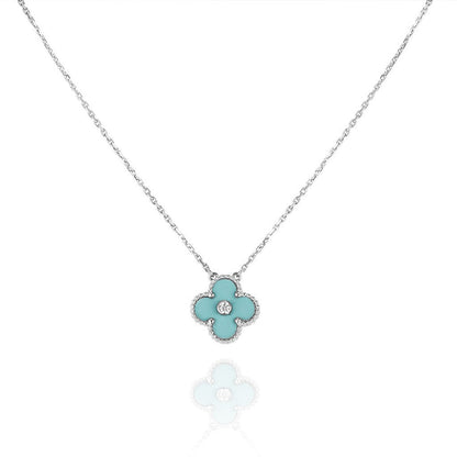 [⭐Glow]CLOVER 1 DIAMOND LIGHT BLUE SILVER NECKLACE