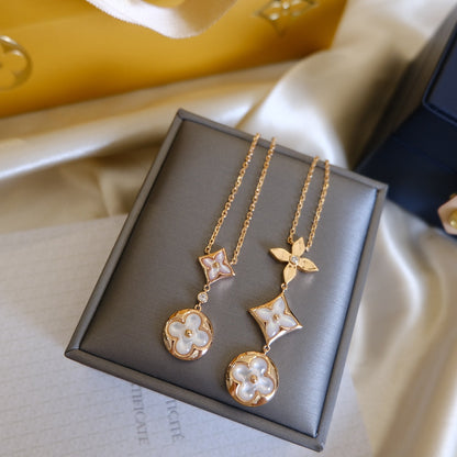 [⭐Glow]COLOR BLOSSOM LARIAT NECKLACE PINK GOLD WHITE MOTHER PEARL AND DIAMOND