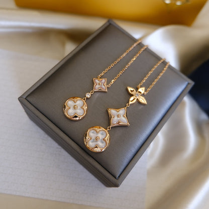 [⭐Glow]COLOR BLOSSOM LARIAT NECKLACE PINK GOLD WHITE MOTHER PEARL AND DIAMOND