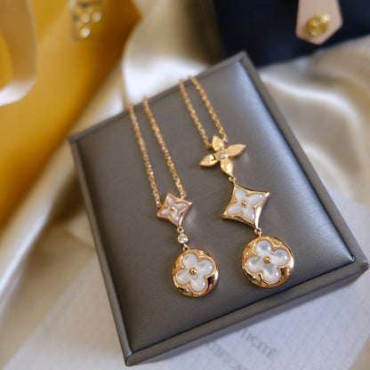 [⭐Glow]COLOR BLOSSOM LARIAT NECKLACE PINK GOLD WHITE MOTHER PEARL AND DIAMOND