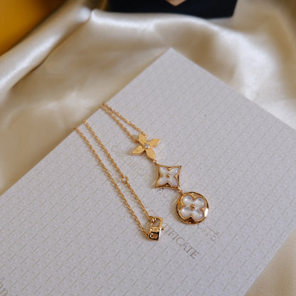 [⭐Glow]COLOR BLOSSOM LARIAT NECKLACE PINK GOLD WHITE MOTHER PEARL AND DIAMOND