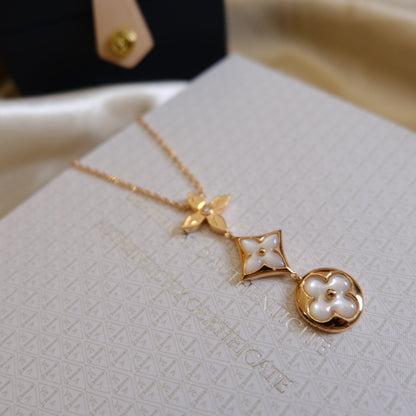 [⭐Glow]COLOR BLOSSOM LARIAT NECKLACE PINK GOLD WHITE MOTHER PEARL AND DIAMOND