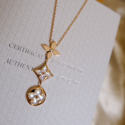 [⭐Glow]COLOR BLOSSOM LARIAT NECKLACE PINK GOLD WHITE MOTHER PEARL AND DIAMOND