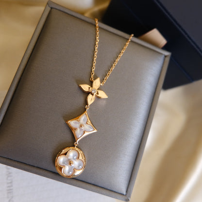 [⭐Glow]COLOR BLOSSOM LARIAT NECKLACE PINK GOLD WHITE MOTHER PEARL AND DIAMOND