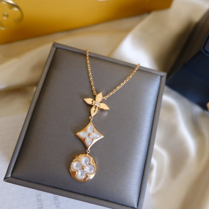 [⭐Glow]COLOR BLOSSOM LARIAT NECKLACE PINK GOLD WHITE MOTHER PEARL AND DIAMOND