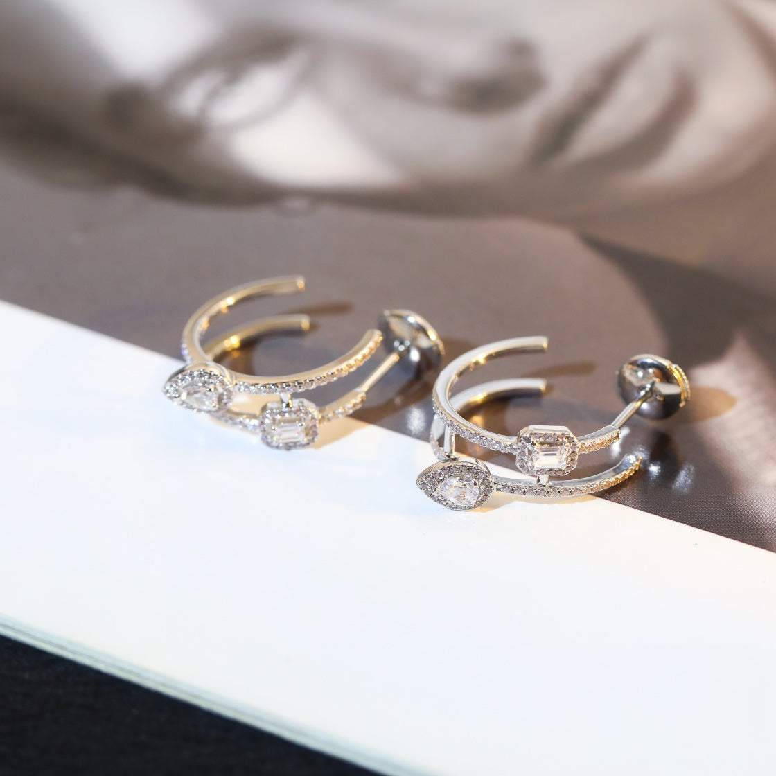[⭐Glow]CREOLES MY TWIN 2 RANGS SILVER DIAMOND EARRINGS