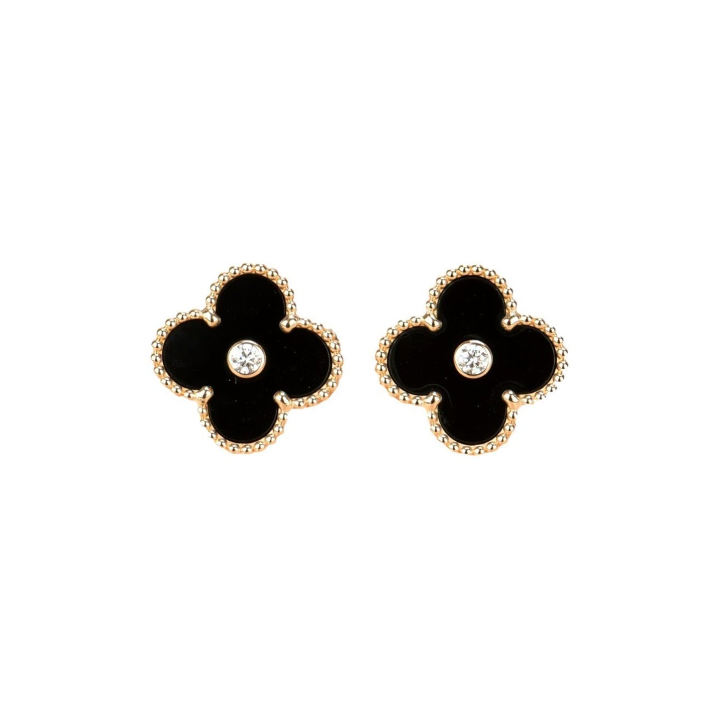 [⭐Glow]CLOVER MEDIUM 1 MOTIFS ONYX DIAMOND EARRINGS