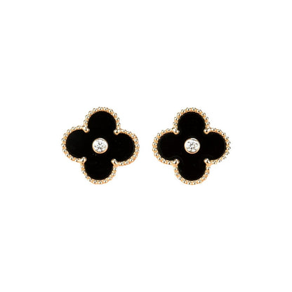 [⭐Glow]CLOVER MEDIUM 1 MOTIFS ONYX DIAMOND EARRINGS
