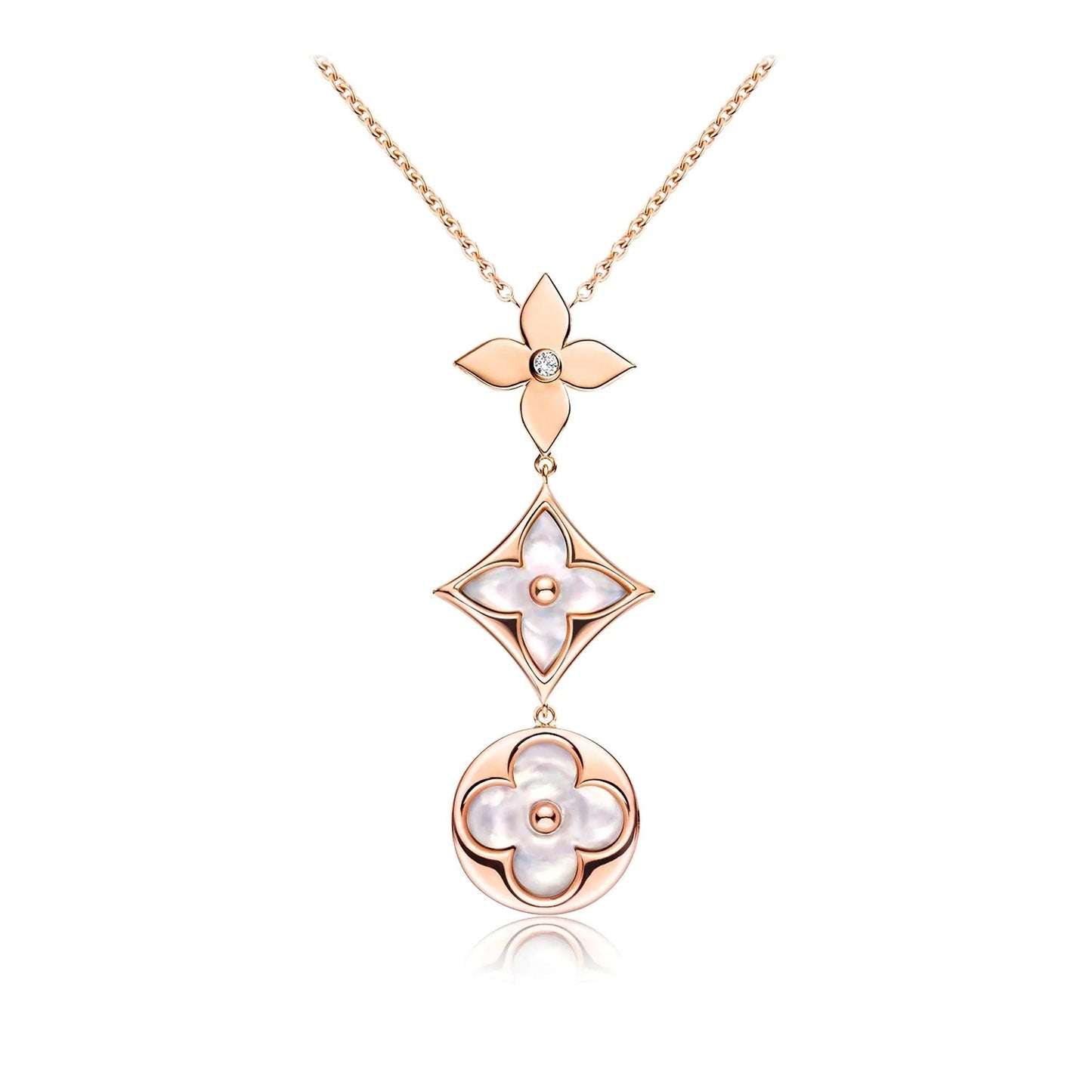 [⭐Glow]COLOR BLOSSOM LARIAT NECKLACE PINK GOLD WHITE MOTHER PEARL AND DIAMOND