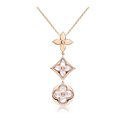 [⭐Glow]COLOR BLOSSOM LARIAT NECKLACE PINK GOLD WHITE MOTHER PEARL AND DIAMOND