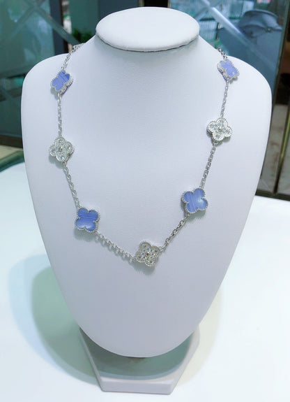 [⭐Glow]CLOVER 10 MOTIFS CHALCEDONY DIAMONDS SILVER NECKLACE