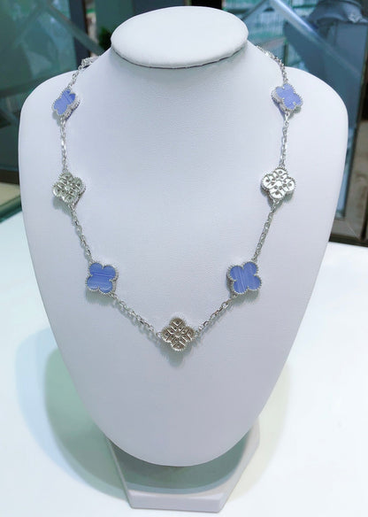 [⭐Glow]CLOVER 10 MOTIFS CHALCEDONY DIAMONDS SILVER NECKLACE