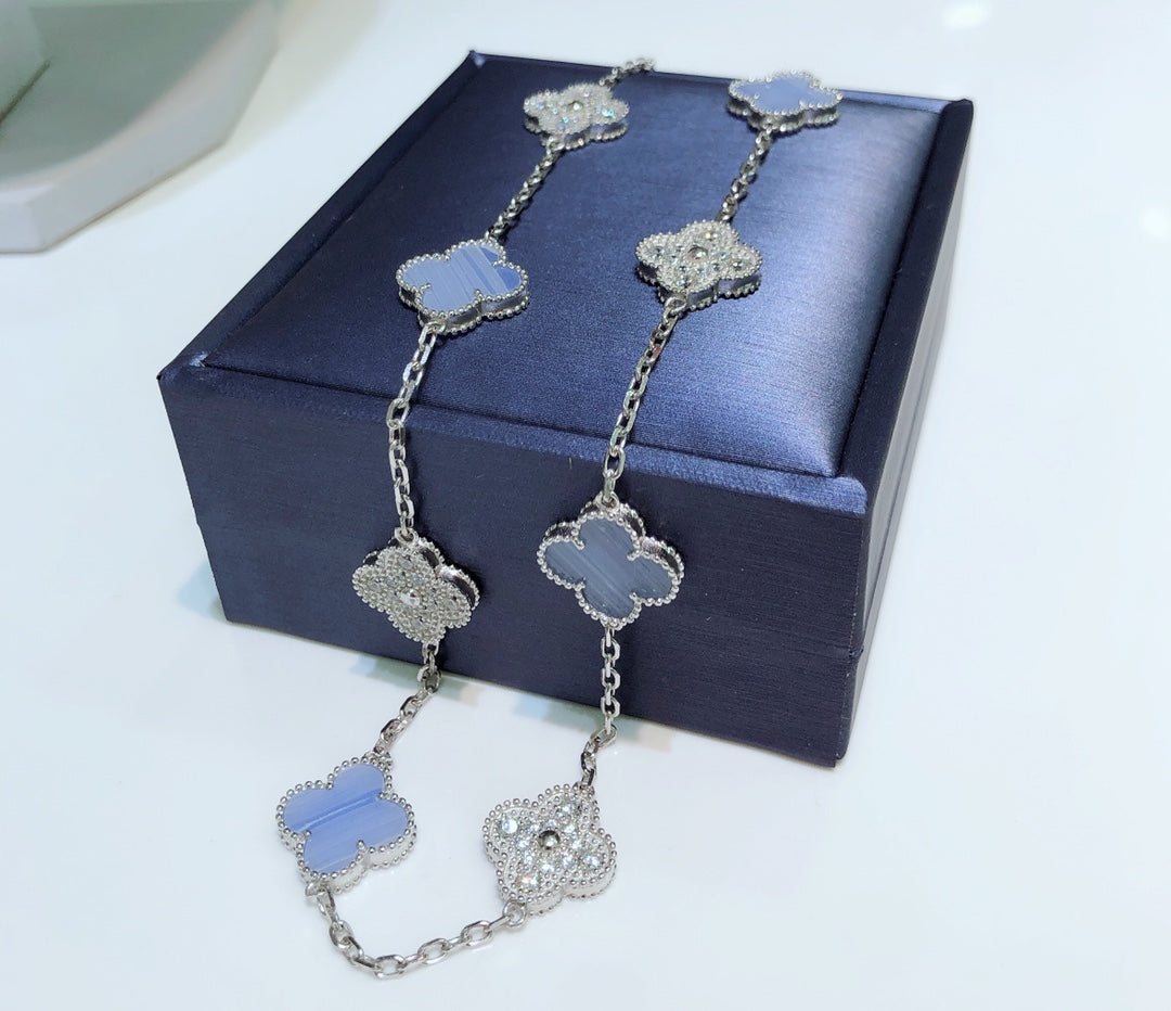 [⭐Glow]CLOVER 10 MOTIFS CHALCEDONY DIAMONDS SILVER NECKLACE