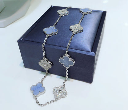 [⭐Glow]CLOVER 10 MOTIFS CHALCEDONY DIAMONDS SILVER NECKLACE