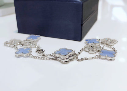 [⭐Glow]CLOVER 10 MOTIFS CHALCEDONY DIAMONDS SILVER NECKLACE