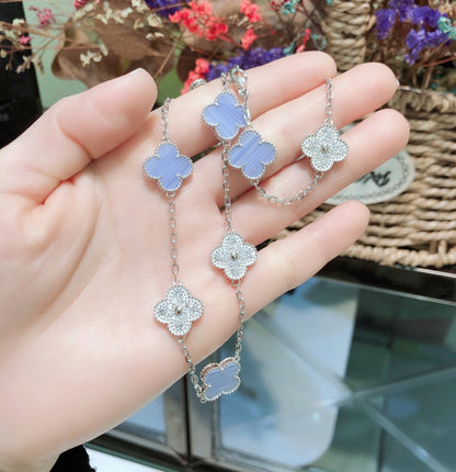 [⭐Glow]CLOVER 10 MOTIFS CHALCEDONY DIAMONDS SILVER NECKLACE