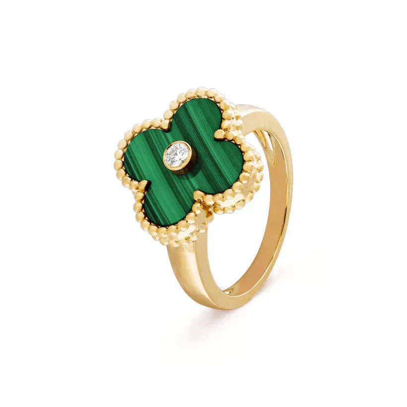 [⭐Glow]CLOVER MALACHITE RING GOLD DIAMOND